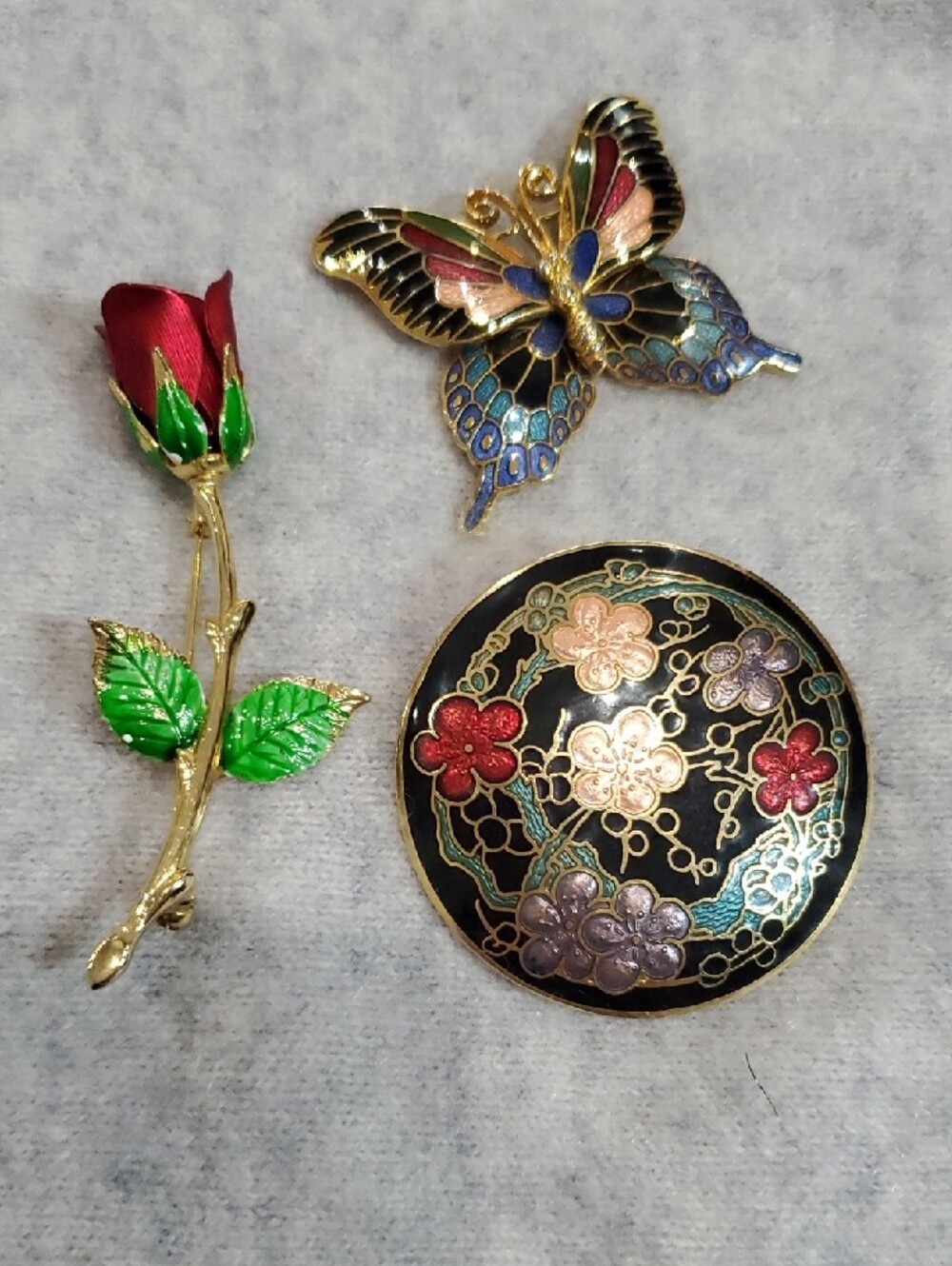 Vintage Bundle Enamel Cloisonne Butterfly Brooch, Scarf Clip, Rose Pin - Picture 9 of 9